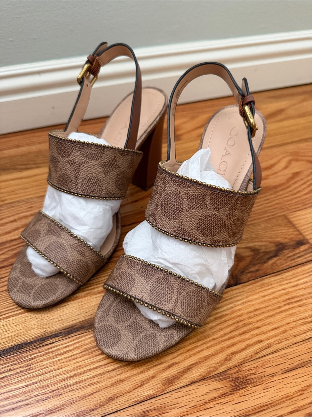 Coach Brown Signature Canvas Block Heel Sandals with Gold-Tone Stud Trim